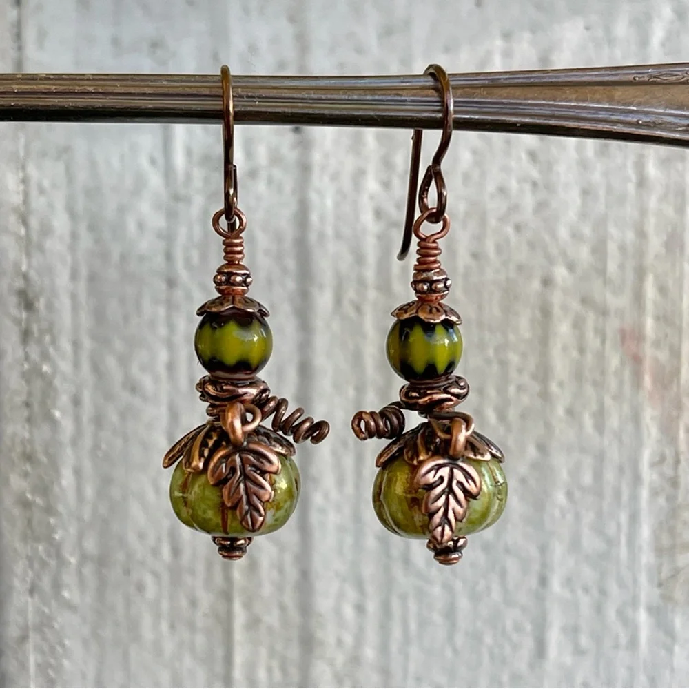 Hand Crafted “Green Jade Knight Pumpkin” Dangle Earrings - Picture 6 of 10